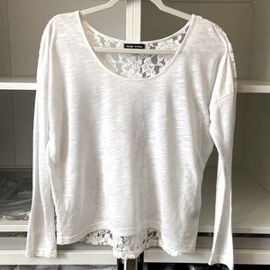 White pull over T with mixed media lace Sheer back with long sleeves